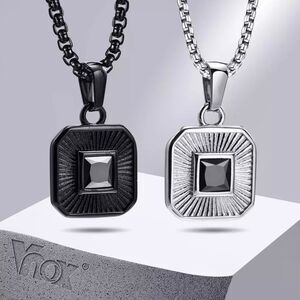 Men’s Square Pendant Box Chain Necklace 22” Black and Silver